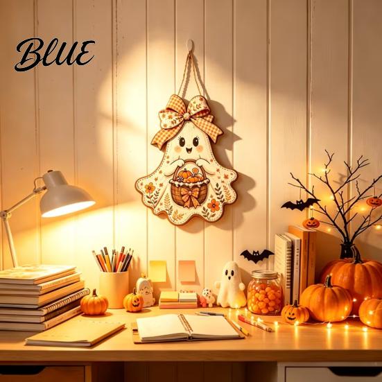 Autumn Porch Hanging Ornament Cute Bow Ghost Sign Rustic Retro Floral Door Sign with Pumpkin Outdoor Fall Entryway Basket Vintage Halloween