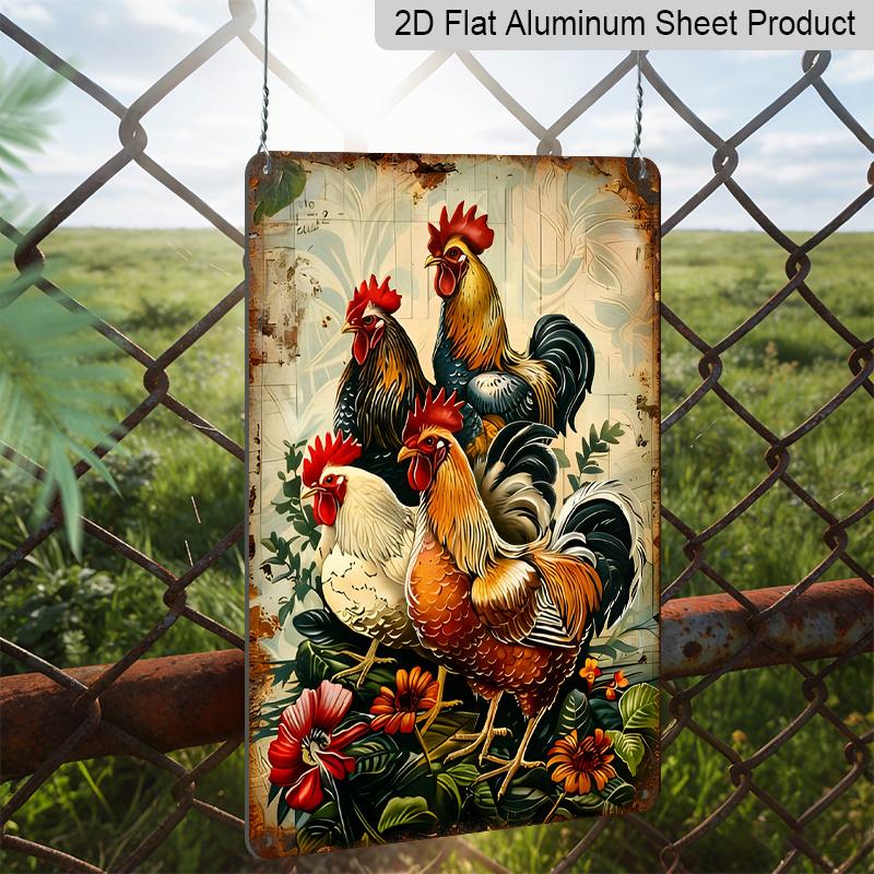 2D Flat, 1pc Vintage Rooster Metal Sign - 8x12 Inch Rustic Aluminum Wall Art with 3 Roosters & Floral Design, Indoor/Outdoor Decorative Hanging Plate