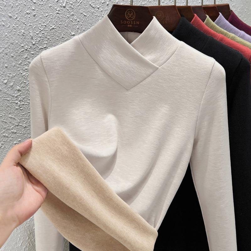 Stacked Collar Warm Fleece Bottoming Shirt Women's Autumn and Winter New Semi-turtleneck Long-sleeved Fleece Warm Silk Cashmere Top