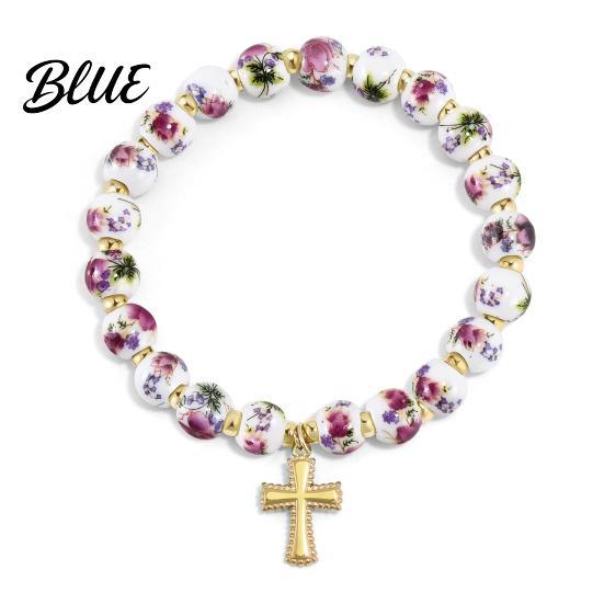 Daily Wear Bracelet Women Blue White Ceramic Beads Decor Elastic