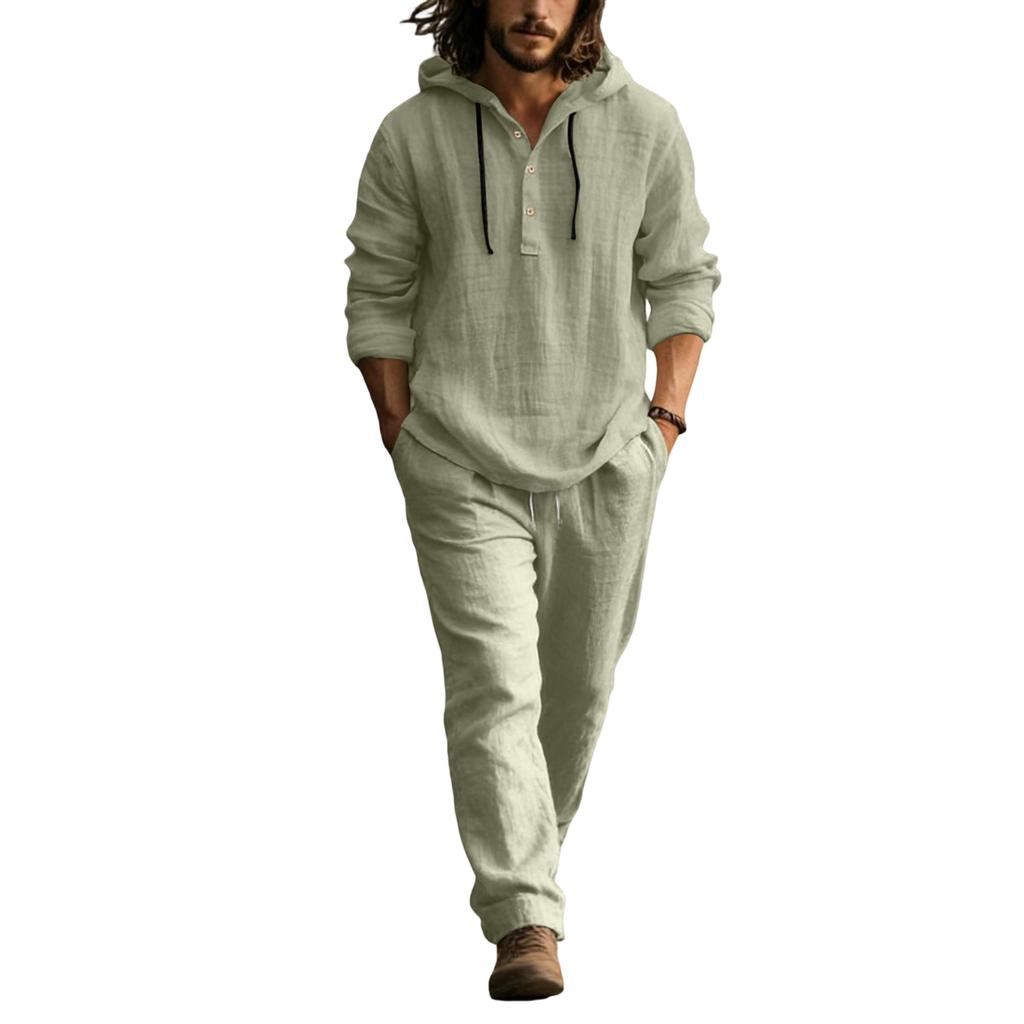 Men's Linen Casual Set - Button  Shirt Elastic Waist Drawstring Loose-Fit Pants Comfortable Two-Piece Set