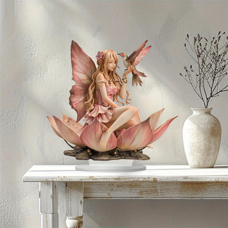 Kreative Elegante Fee sitzt auf Lotus - 2D Flaches Acryl Tischornament, Wanddeko Kunst, Vier Jahreszeiten Dekoration, Neuheit Heimdeko