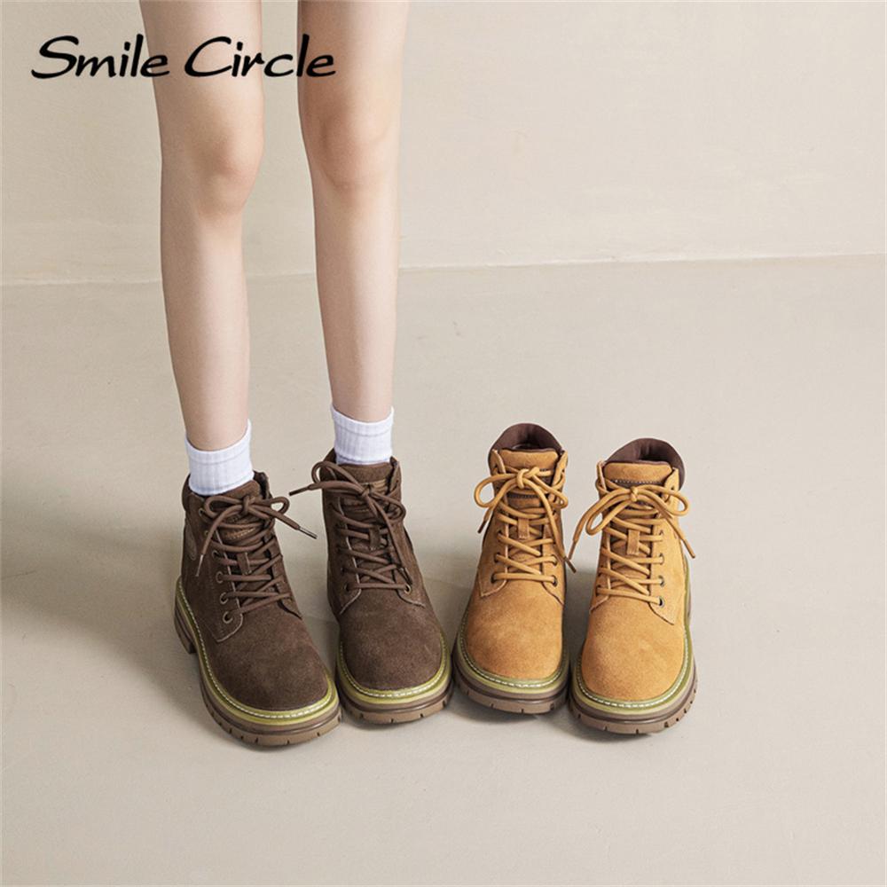 Natural Suede Women Boots Soft Sole Lace-up Thick Boots Fashion Casual Work Boots