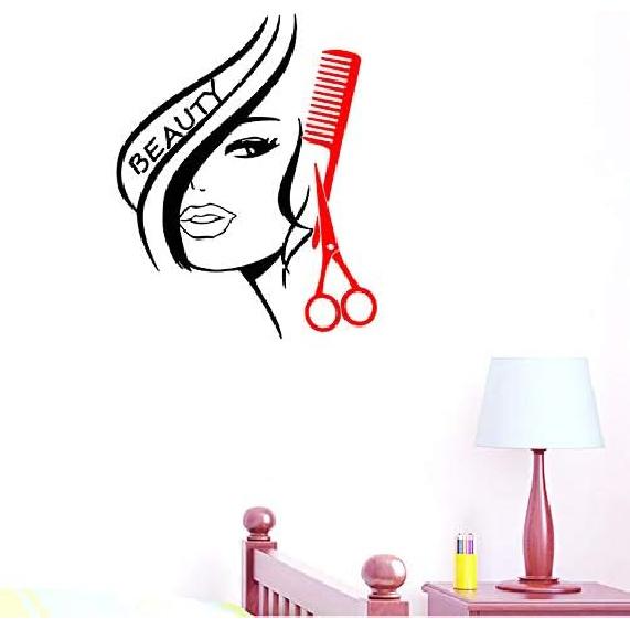 BIBITIME Modern Fashion Beauty Girl Cut Hair with Scissors Comb Barber Shop Wall Decal Window Sticker Hairdressing Salon Creative Personality Vinyl