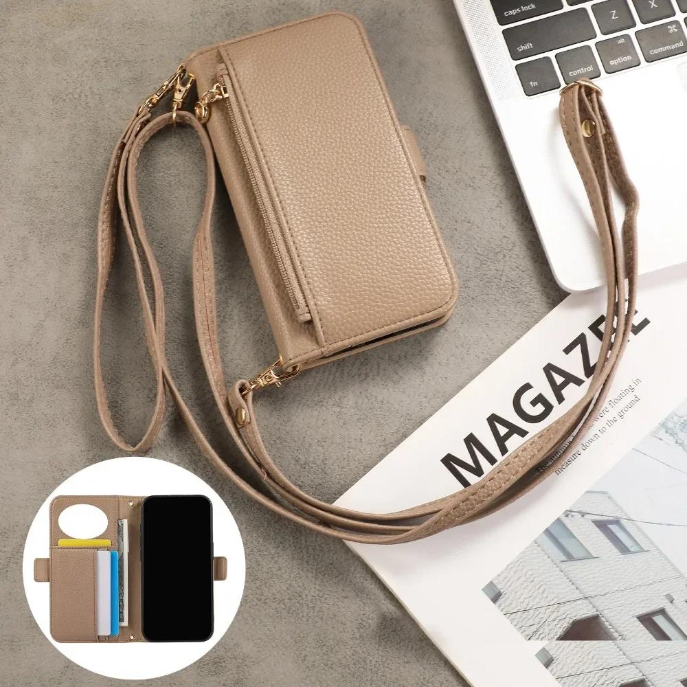 Crossbody Wrist Strap Zipper Wallet Card Slots Holder Phone Case for IPhone 16 15 Plus 14  13 12 11 Pro Max Mirror Leather Cover