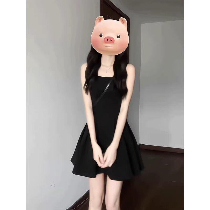 Women's French Hepburn Style Petite Spaghetti Strap Little Black Dress - Summer High-End Short Skirt
