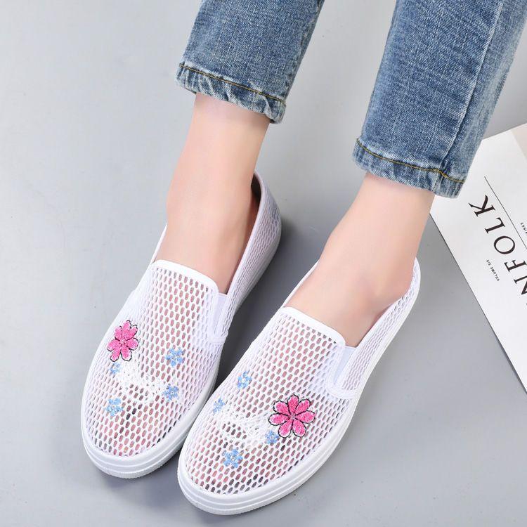 Summer Cloth Shoes Women's Mesh Shoes Flat Bottomed Hollow Casual Shoes Breathable Embroidered Mesh Comfortable and Versatile Shoes