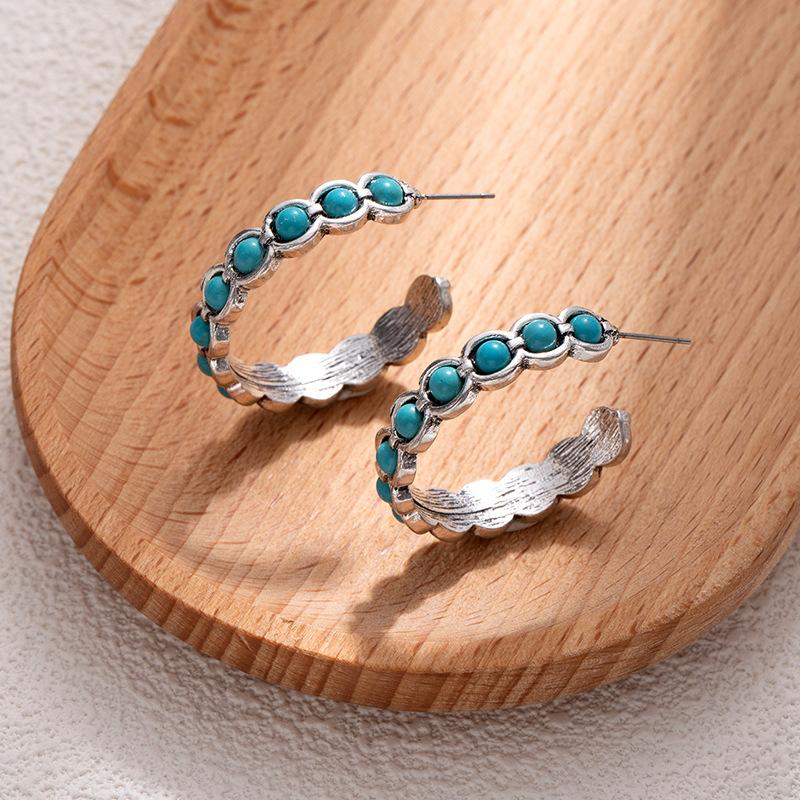 Literary Retro Turquoise Large Circle C-Shaped Earrings Women'S Bohemian Earrings High-End Niche Design Earrings