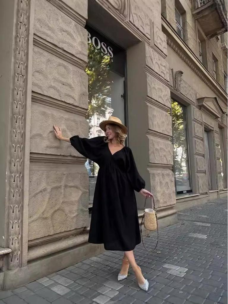 2024 Autumn European & American Long Backless Lace-Up Casual Dress