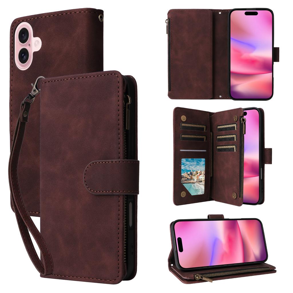 For iPhone 17 Case Zipper Wallet Multiple Card Slots Leather Phone Cover with Wrist Strap