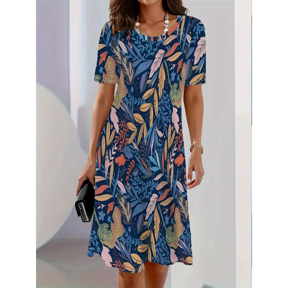 Women Dress Fashion Flower Pattern Printing Summer New Temperament Elegant Casual Women A-Line Dress Short Sleeve Mini Dress