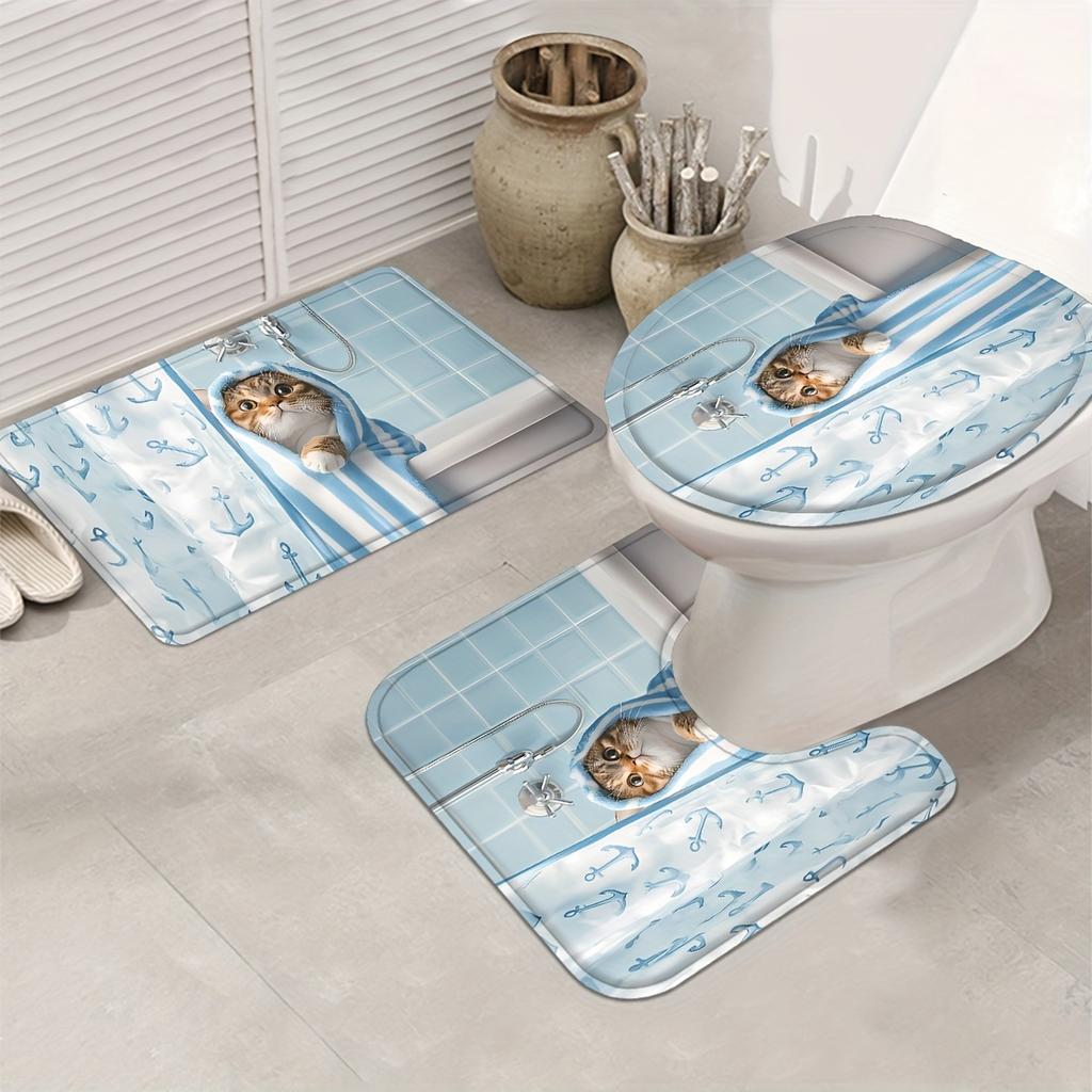 4-teiliges lustiges Duschvorhang-Set mit Katzenmotiv, inklusive rutschfester Badematte, Toilettendeckelbezug, Kontur-Teppich und 12 Haken, Badezimmer-Dekoration