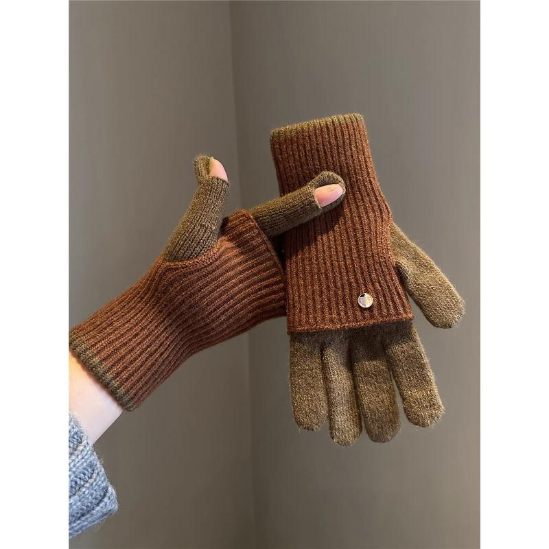 Maillard Winter Dual Use Color Blocked Knitted Wool Gloves for Women's Wool Fingerless Touch Screen Warm Cycling Students