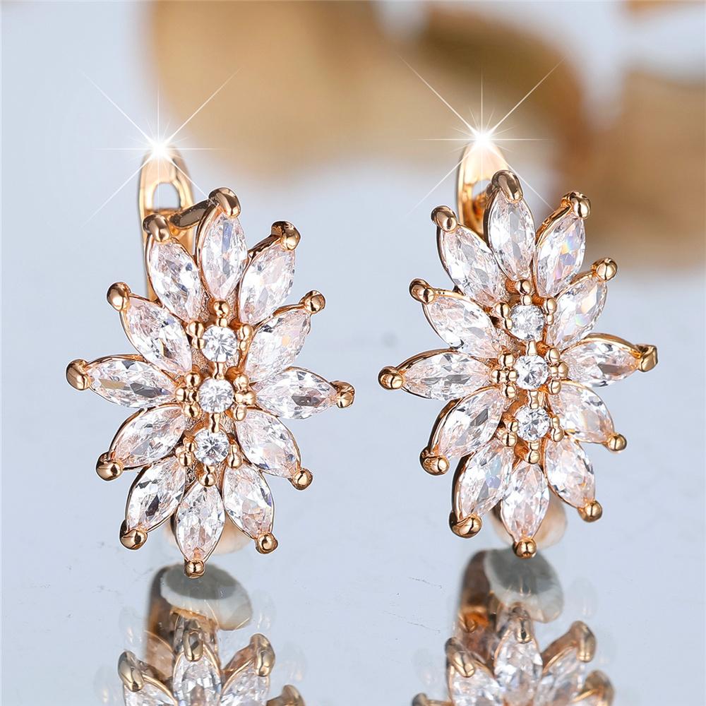 1 Pairs Fashion White Zircon Flowers Hoop Earrings Luxury Golden Color Wedding Jewelry Gifts