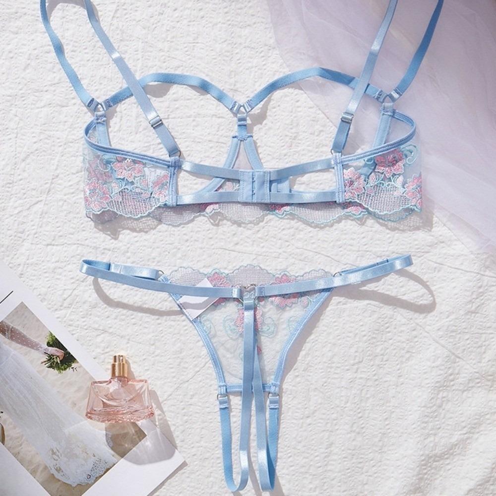 Lace Lingerie Suit Chest Support Bra Briefs Set T-back Perspective Lingerie Valentine's Day