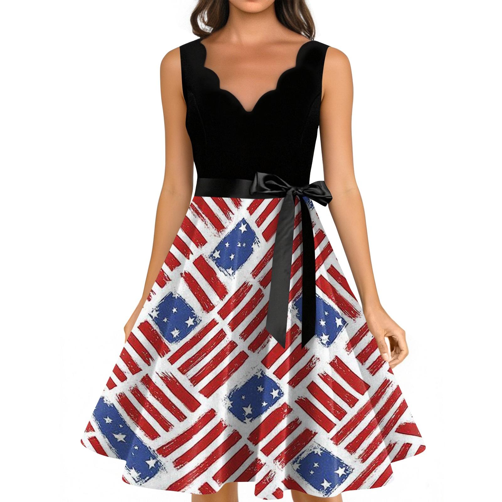 Women s Casual Fashion Independence Day Printed V-neck Retro Sleeveless Dress XL