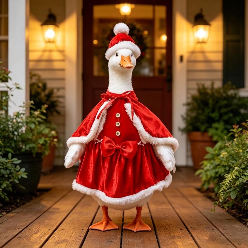 23Inch Geese Santa Costume for Decorative Geese Figure, with Hat, Buttoned Dress and Decorative Bows for Christmas Porch and Front Yard Display