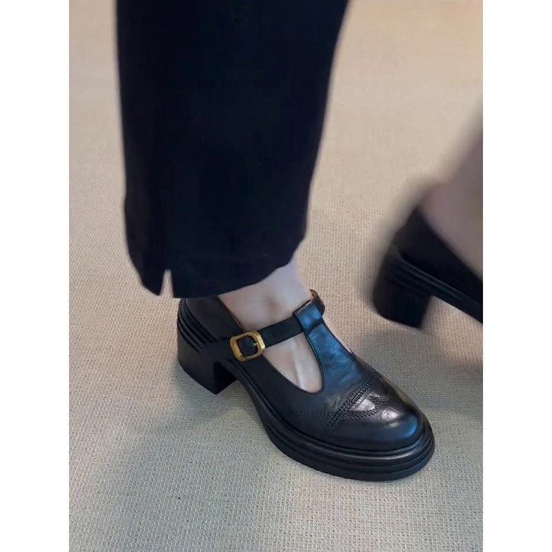 Cowhide model~ thick-soled Mary Jane single shoes women's black leather shoes high heels thick heel retro height-increasing small leather shoes
