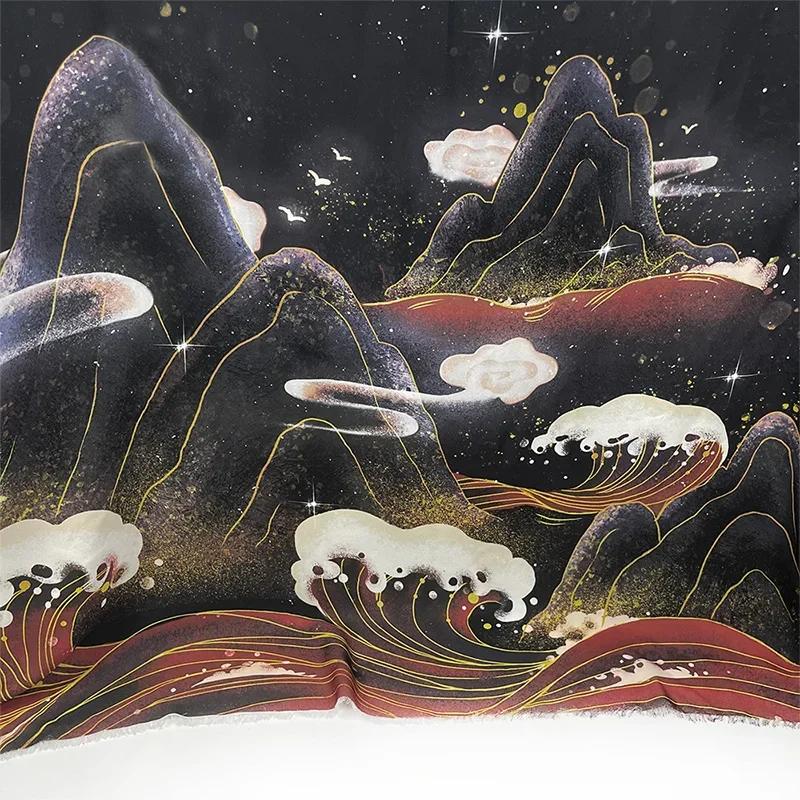 Chiffon Fabric Chinese Landscape Printing Translucent Ancient Style Hanfu Linen Cloth for Costume Dance Dress Cloth Sewing Diy