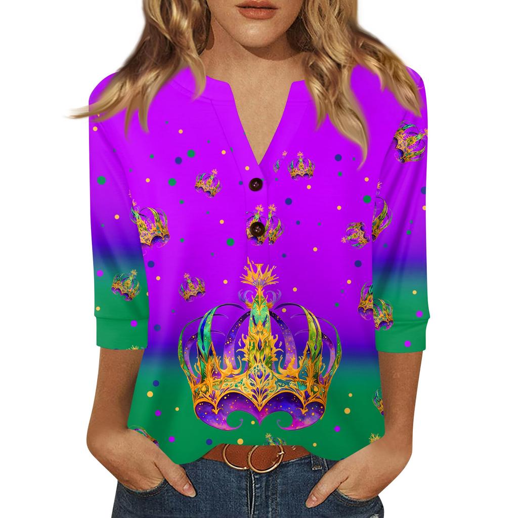 Women's Carnival Printed Fashionable Casual V-neck Button Seven Inch Sleeve T-shirt Top