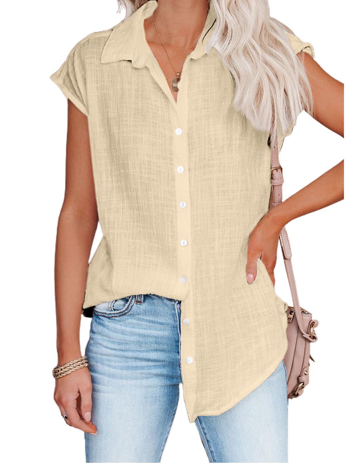 

Женский свободный топ без рукавов на лето - рубашка с лацканами в европейском и американском стиле в однотонных тонах 2XL абрикосовый