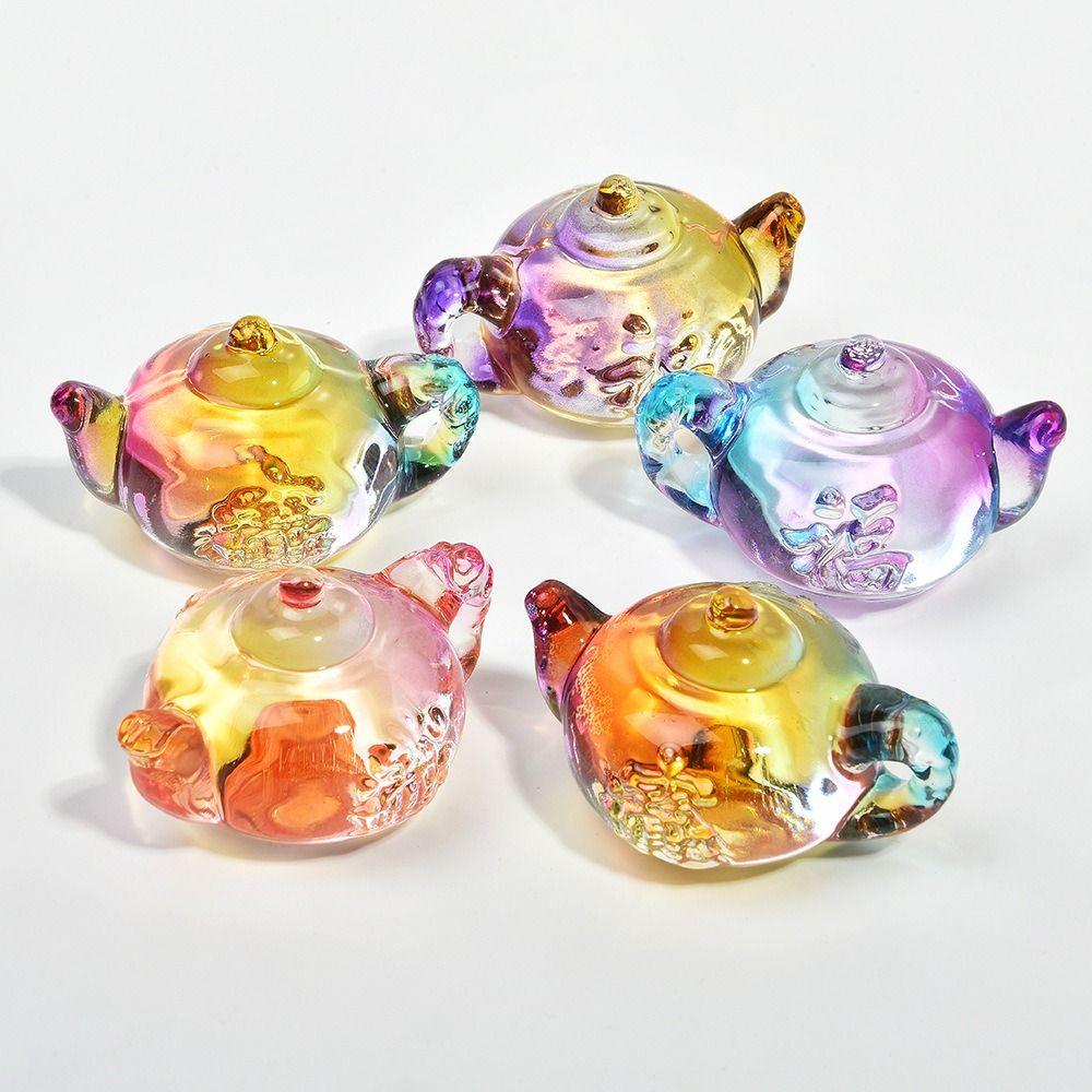 

Decorative Crystal Teapot Ornament Unique Clear Teapot Figurine Colored Small Teapot Office Style 2