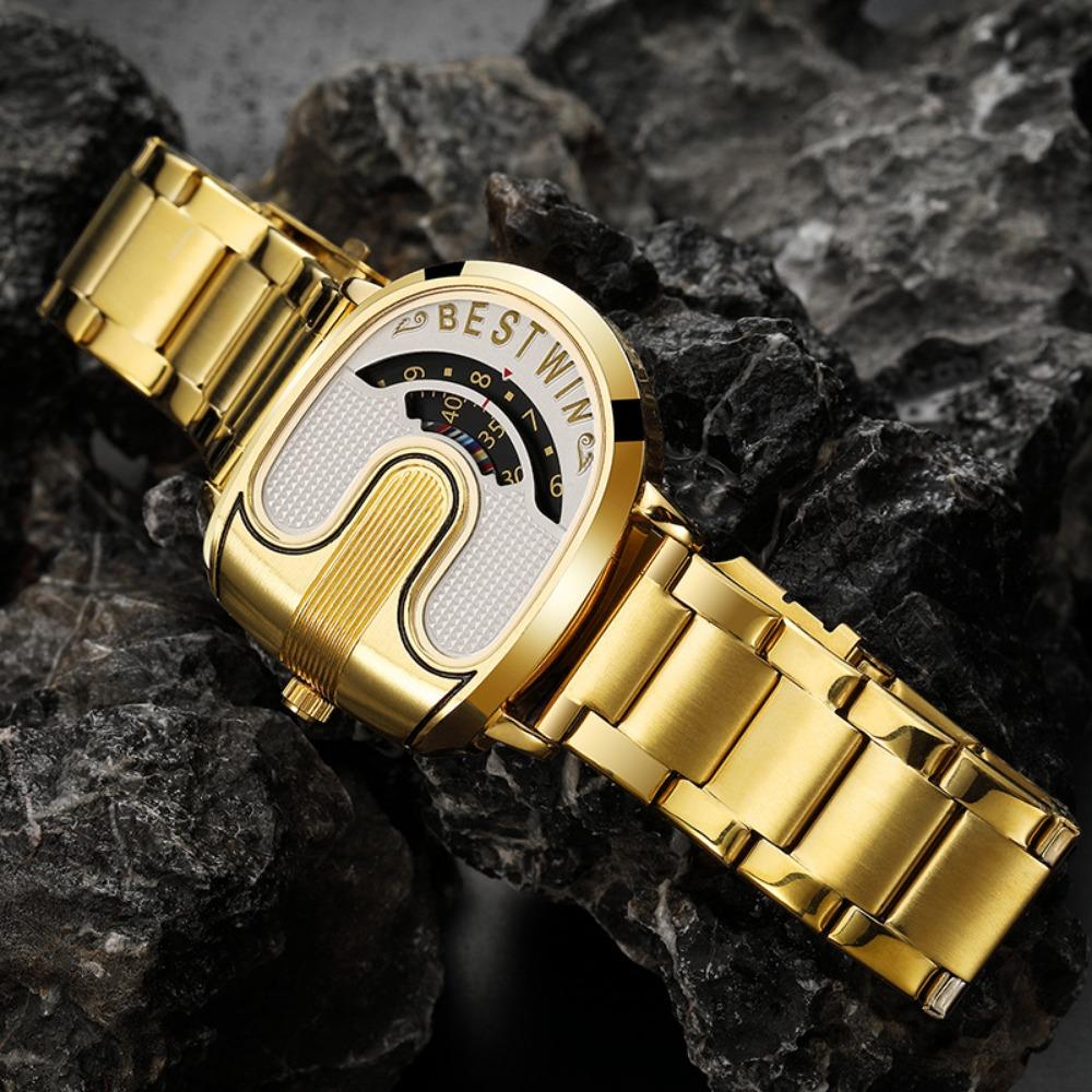 Fashion Men Irregular Tonneau Shape Quartz Watch Creative Rotating Dial Stainless Steel Bracelet Wristwatch