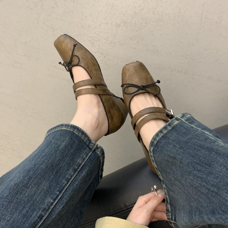 British style bow square head soft leather thick heel Mary Jane shoes women's shoes double breasted light mouth single shoes