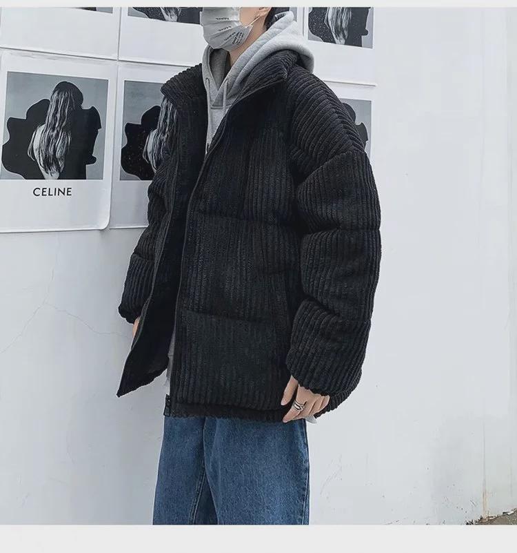 Men's Striped Cotton Winter Coat with Stand Collar and Thick Fleece, Couple's Style.