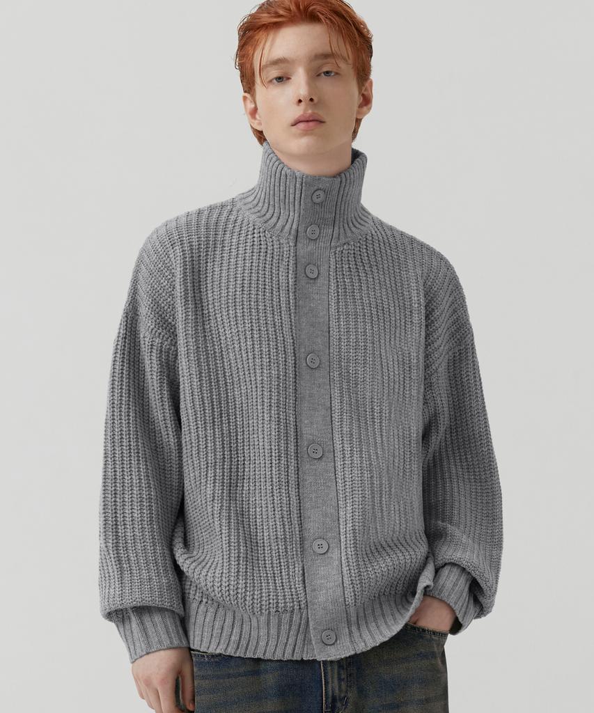 Trillion Washable High-Neck Button-Up Collar Cardigan Knit (Melange Gray)
