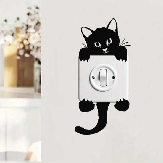 5 Pcs Cute Cat Light Switch Sticker Little Black Cat Animal Switch Decals Removable DIY Wall Art Mural for Baby Nursery Room