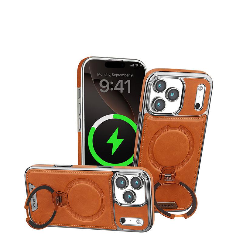 Magnetic Rotat Bracket Luxury Leather Phone Case For For Iphone 11 12 13 14 15 16 17 Pro Max Plus Wireless Charging Shockproof Cover