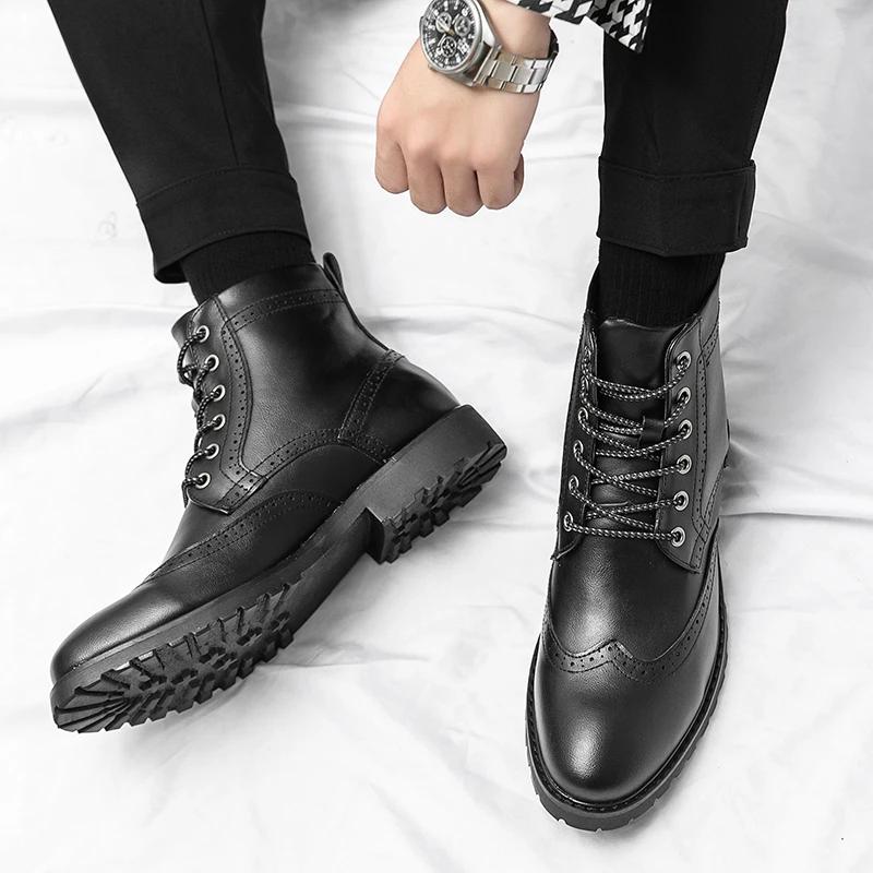Block High Top Men Boots PU Carved Lace Up Low Heel Round Head Classic Business Formal Boots Comfortable Non Slip Men Boots