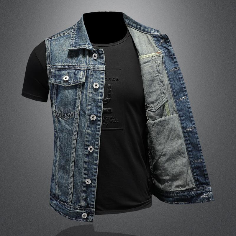 730/MJ15188/P155 lapel high quality washed embroidered letter denim vest men slim spot