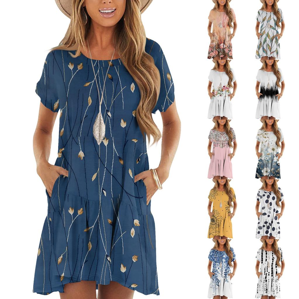 Women's Fashion Casual Round Neck Short Sleeve Ruffled Vintage Printed Dresses