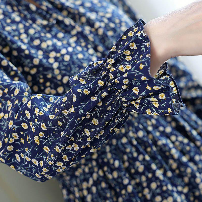Módne a elegantné šifónové šaty s dlhým rukávom s kvetinovou potlačou a dizajnom tvarujúcim pás pre ženy plus size na jeseň