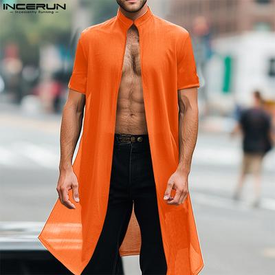 Men Summer Stand Neck Short Sleeve Solid Color Casual Long Cardigan