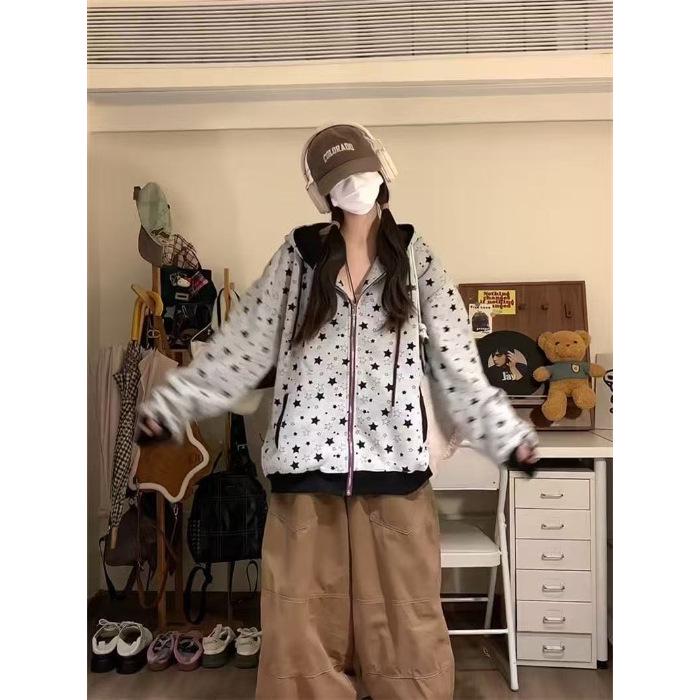 Women s Star Print Gray Hooded Zipper Sweatshirt - Casual Loose Spring/Autumn Jacket Hoodie 2XL