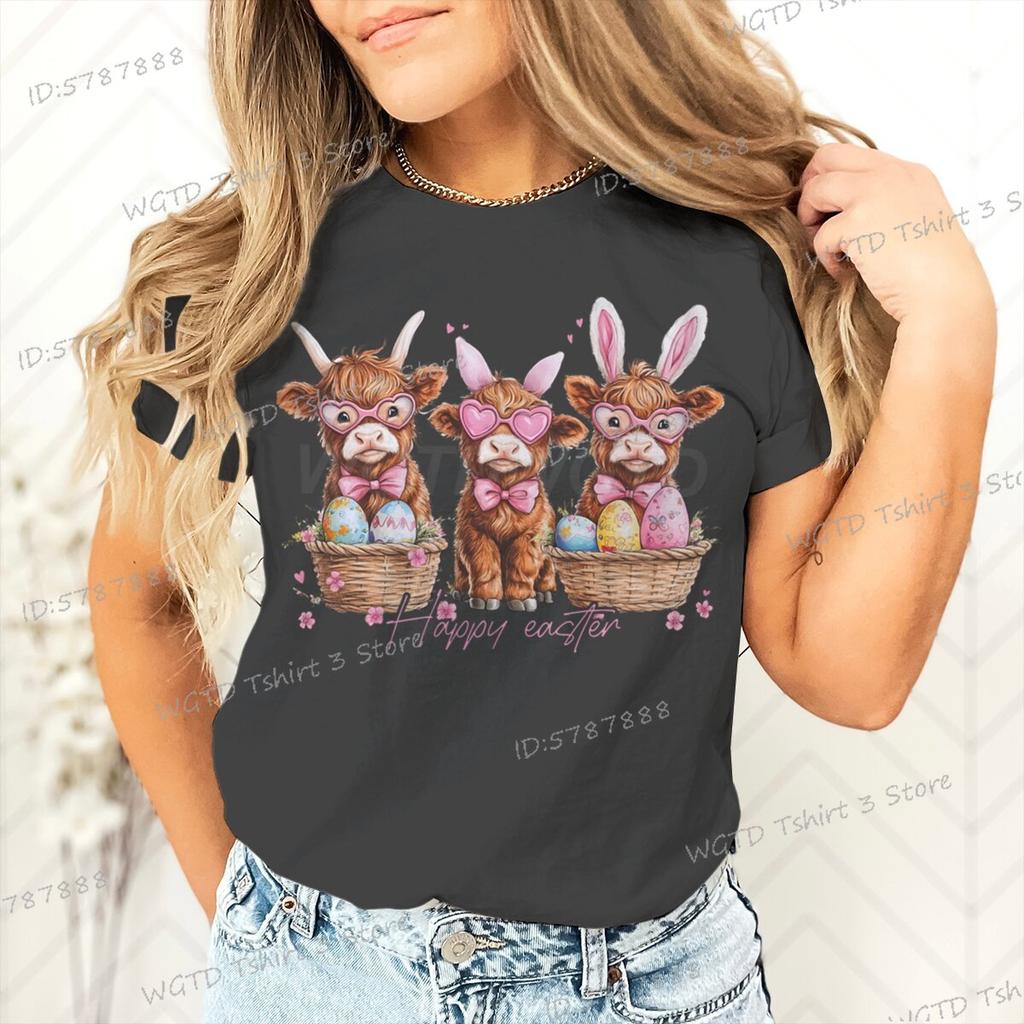 Happy Easter Day T-shirt Female Easter Cute Highland Cow Graphic T Shirts Women Cute Cow Gift for Women Retro Easter Vibes Shirt
