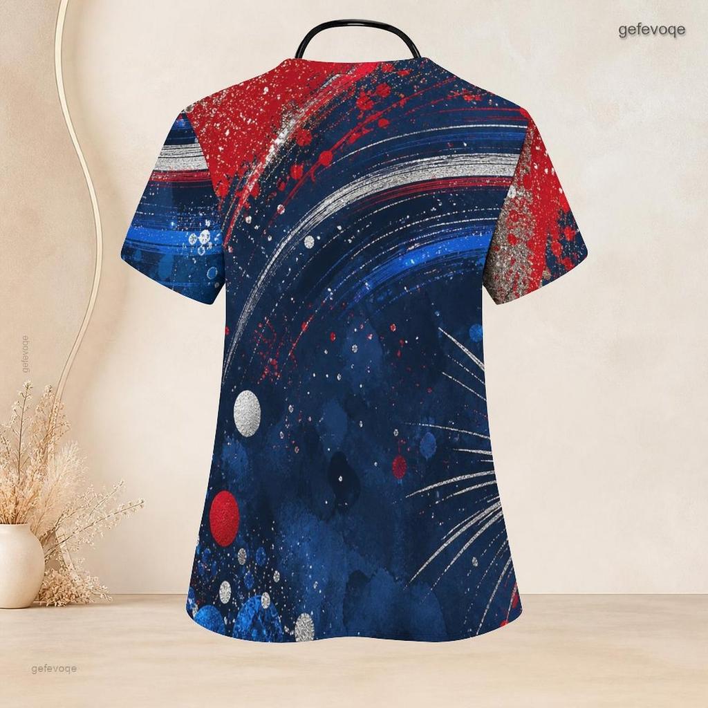 Women Plus Size Navy Red Printed Scrub Top V Neck Short Sleeve With Front Pockets