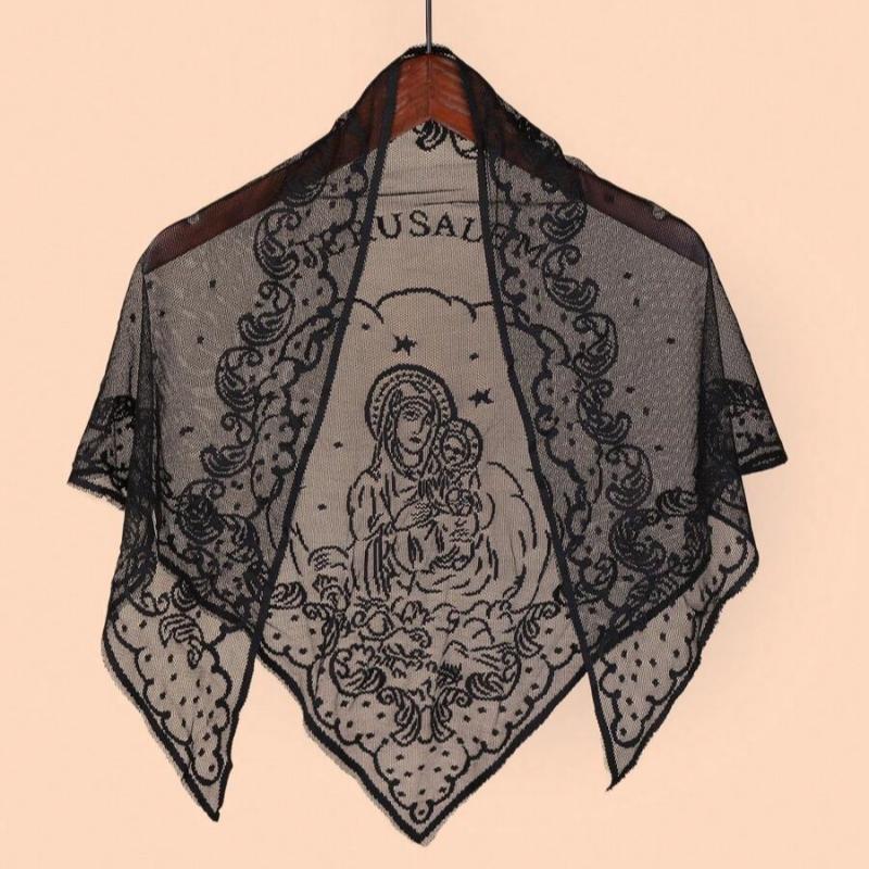 Yto Scarf Women's Virgin Mary Lace Triangle Scarf Christianity Pray Shawl Hollow Mesh Embroidery Scarves Jerum Hijab Headscarf Headband