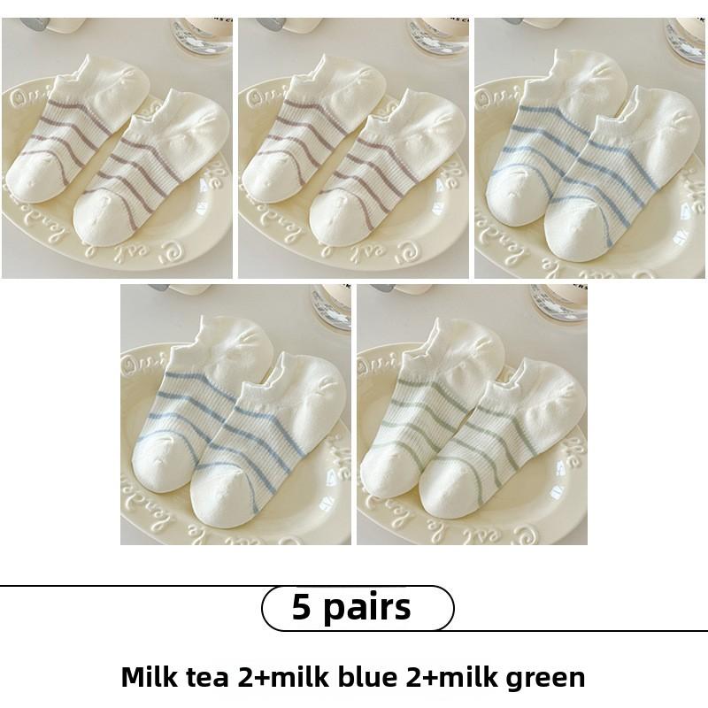 5 Pairs of Women's Spring and Summer Ultra Thin Cotton Striped Non Drop Heel Boneless Boat Socks