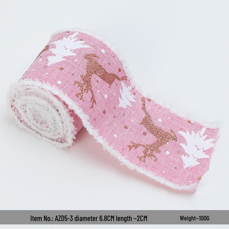 Cross-border Christmas Ribbon: White Plush Edge with Reindeer Design for Gift Box Packaging and Decoration with Gift Ribbon.