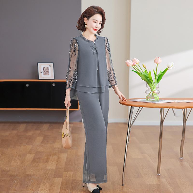 Set de modă de primăvară pentru femei Doamne la mijlocul vieții Bluză Elegantă pentru Doamnă Costum Elegant din Două Piese Culoare Uni cu Design cu Buzunar