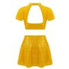 Kids Girls Sparkly Dance Outfit Stand Collar Crop Top Mesh Patchwork Open Back with Skirt