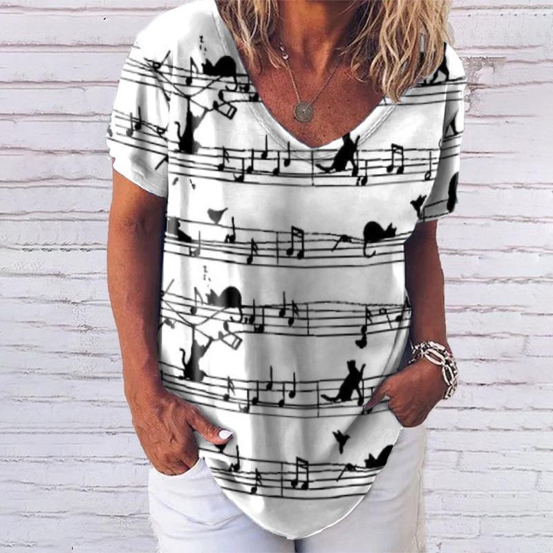 Women's Casual T-shirt Top New V-neck T-shirt Loose Short Sleeved 3D Digital Printed Cat Pattern T-shirt