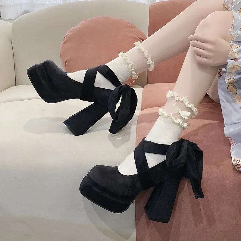 Women Shoes Fashion Mary Janes Shoes High Heel Platform Shoes Luxury Suede Leather Pumps Elegant Lolita Shoe Party Dresses Shoe