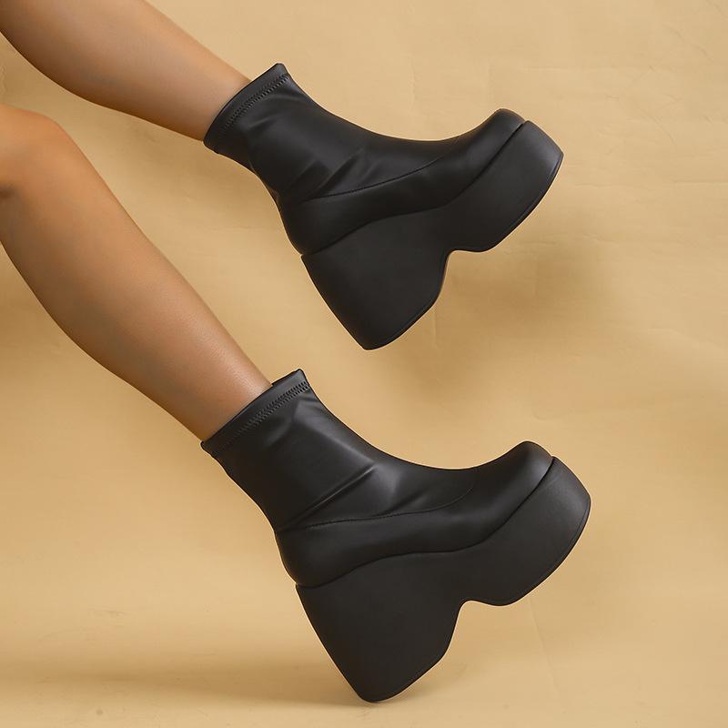 2022 Herfst/Winter Damesmode Wedge Hak Enkellaarsjes - Dikke Zool, Plateau, Mid-Kalf Hoog, Slankmakend Elastisch Design