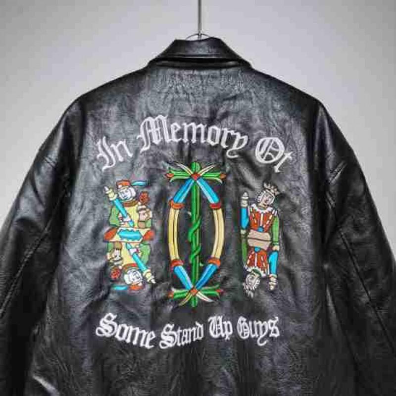 PU Leather Biker Jacket Mens Loose Fit Vintage Style Letter Embroidery Black