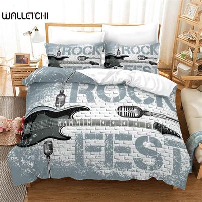 Guitar Queen Duvet Cover Rock Music Theme Bedding Set Grunge Color Splashed Brick Wall Background Electronic Guitar Mics Design